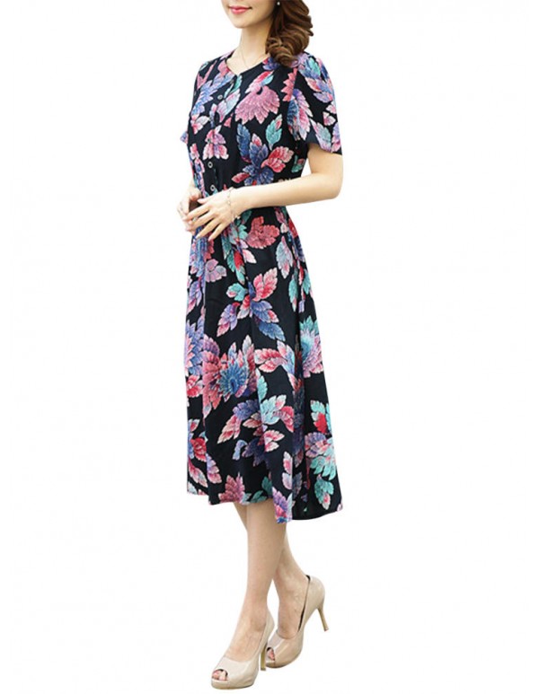 Summer Women Dress Silk Button Elastic Waist Hem Floral Dresses