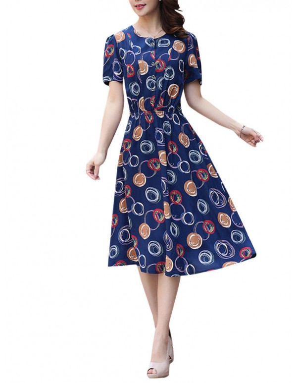 Summer Women Dress Silk Button Elastic Waist Hem Floral Dresses