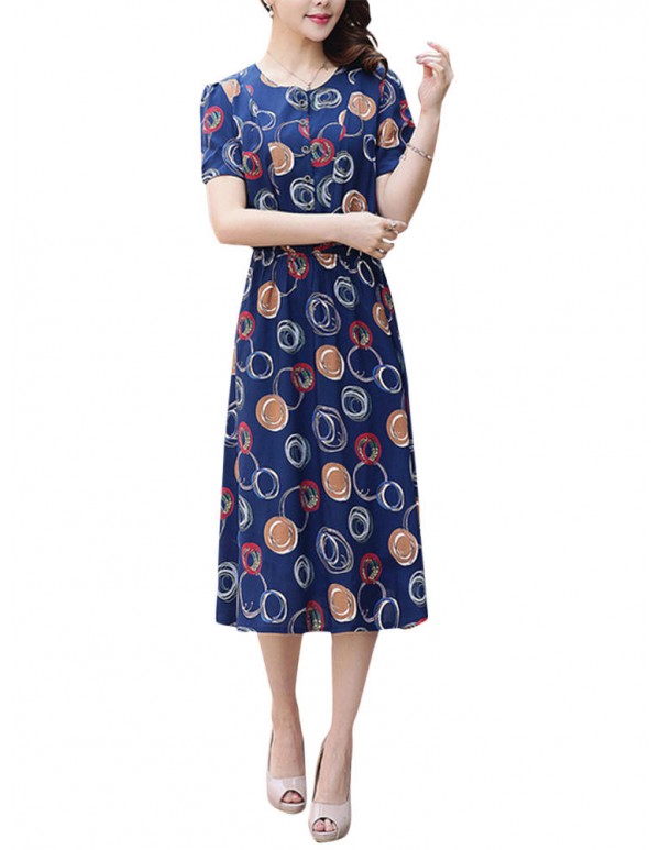 Summer Women Dress Silk Button Elastic Waist Hem Floral Dresses