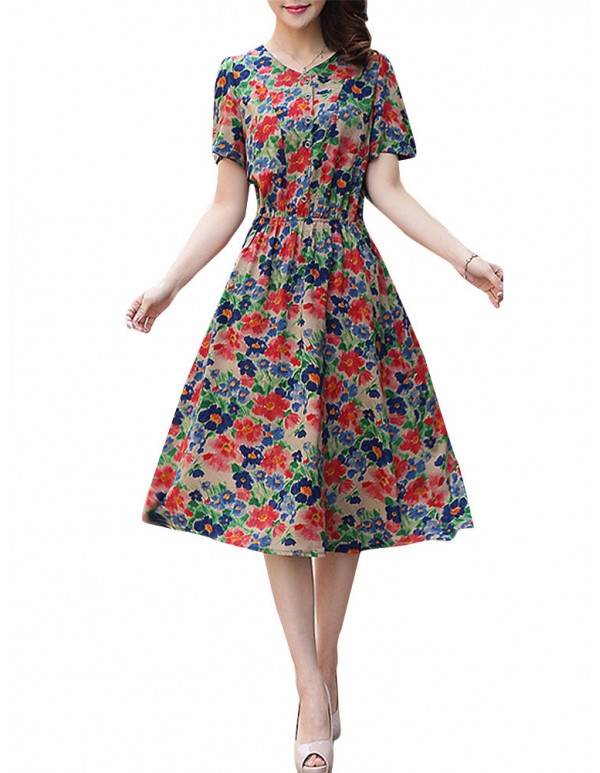 Summer Women Dress Silk Button Elastic Waist Hem Floral Dresses