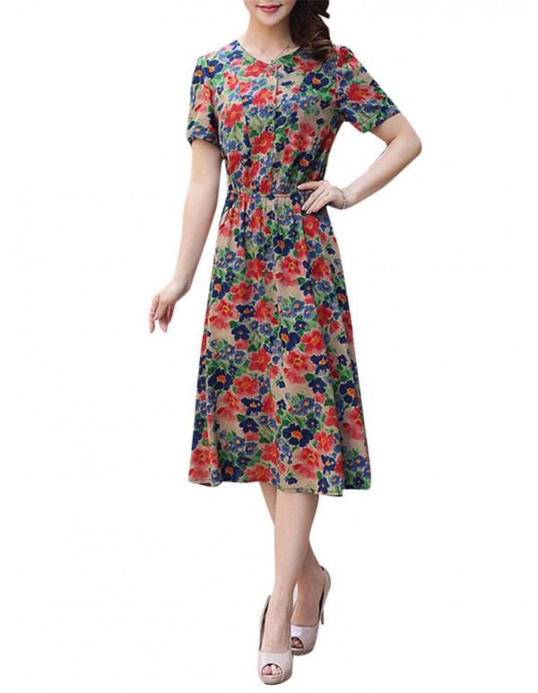 Summer Women Dress Silk Button Elastic Waist Hem Floral Dresses