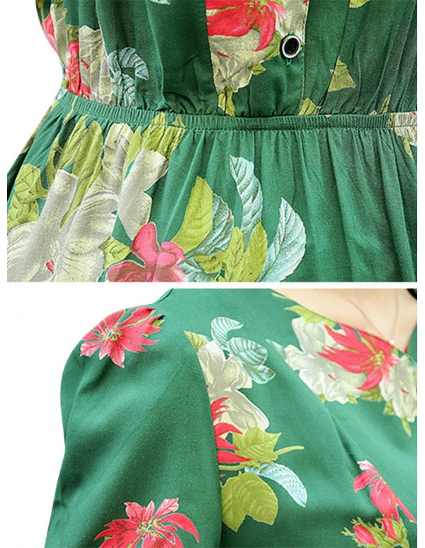 Summer Women Dress Silk Button Elastic Waist Hem Floral Dresses