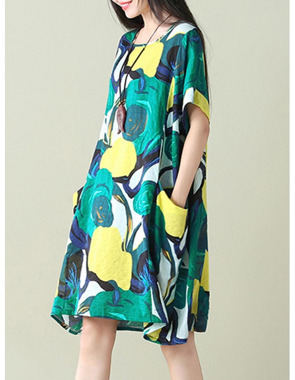 Plus Size S-5XL Women Floral Pockets Dresses