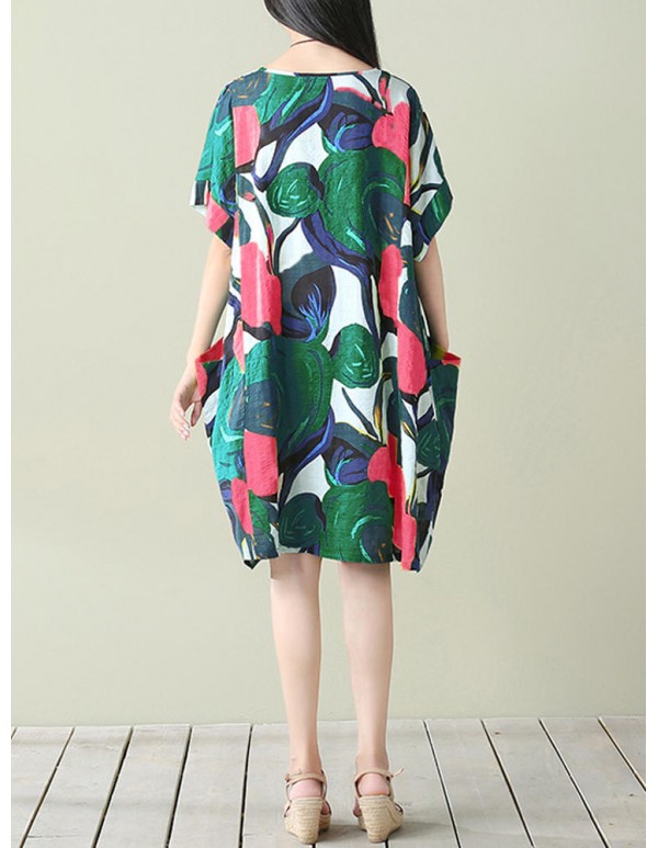 Plus Size S-5XL Women Floral Pockets Dresses