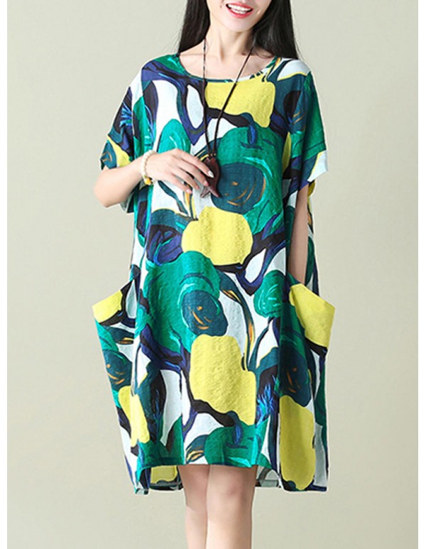 Plus Size S-5XL Women Floral Pockets Dresses