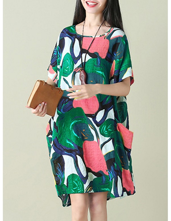 Plus Size S-5XL Women Floral Pockets Dresses