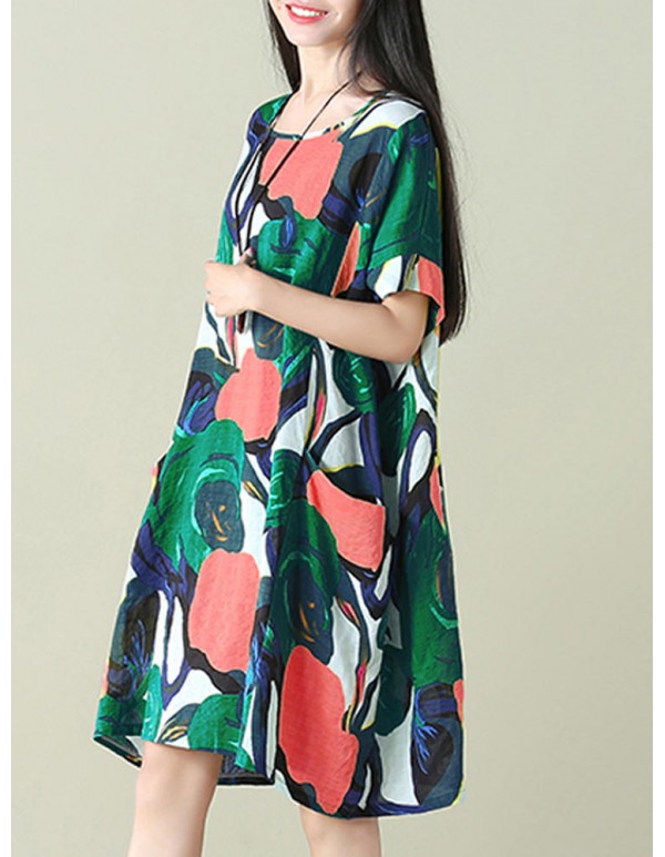 Plus Size S-5XL Women Floral Pockets Dresses