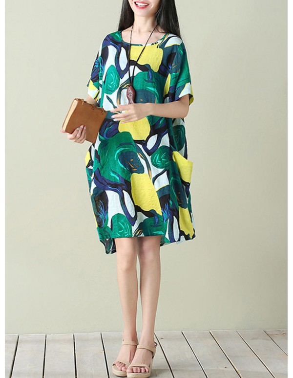 Plus Size S-5XL Women Floral Pockets Dresses
