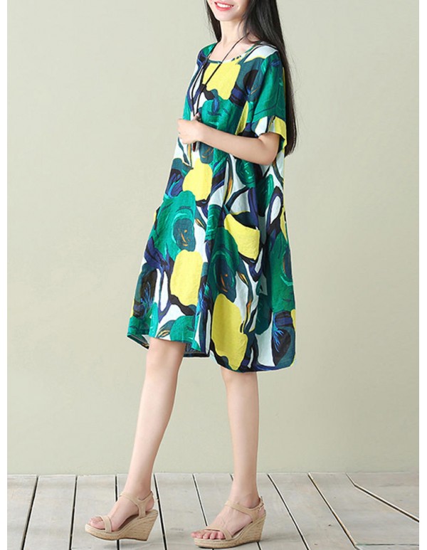 Plus Size S-5XL Women Floral Pockets Dresses