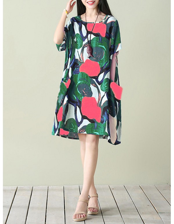 Plus Size S-5XL Women Floral Pockets Dresses