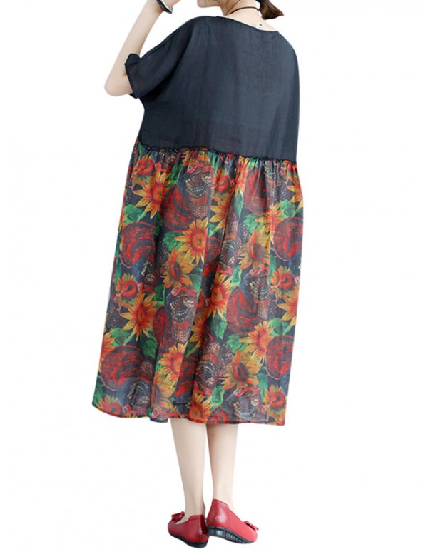 Large Size Women Floral Dress Batwing Sleeve Patchwork Dresses
