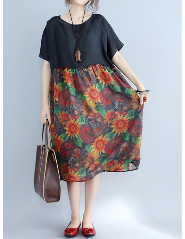 Large Size Women Floral Dress Batwing Sleeve Patchwork Dresses
