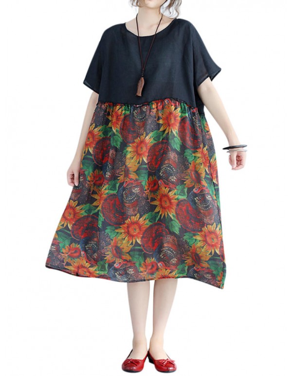 Large Size Women Floral Dress Batwing Sleeve Patchwork Dresses