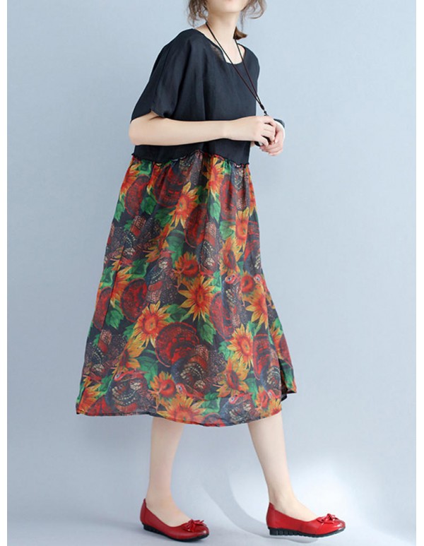 Large Size Women Floral Dress Batwing Sleeve Patchwork Dresses