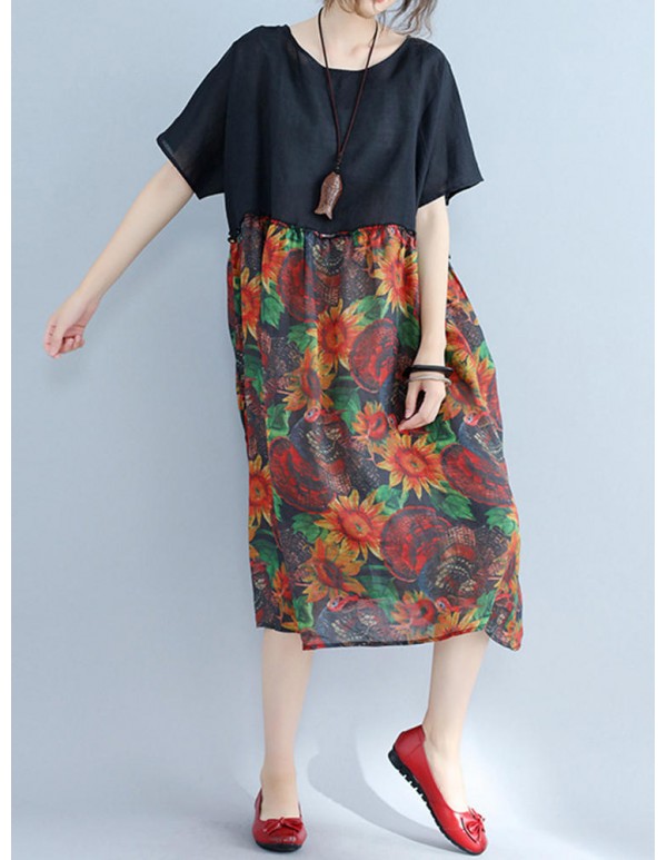 Large Size Women Floral Dress Batwing Sleeve Patchwork Dresses