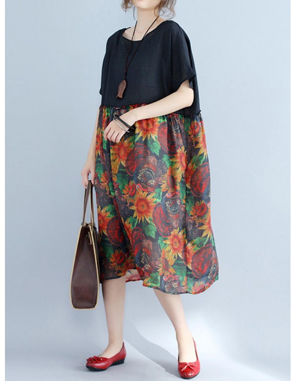 Large Size Women Floral Dress Batwing Sleeve Patchwork Dresses