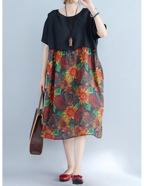 Large Size Women Floral Dress Batwing Sleeve Patchwork Dresses