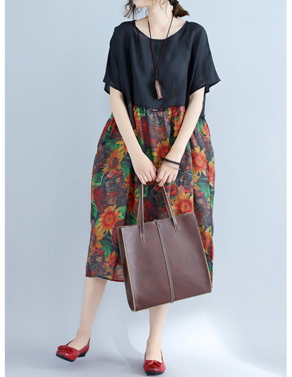 Large Size Women Floral Dress Batwing Sleeve Patchwork Dresses