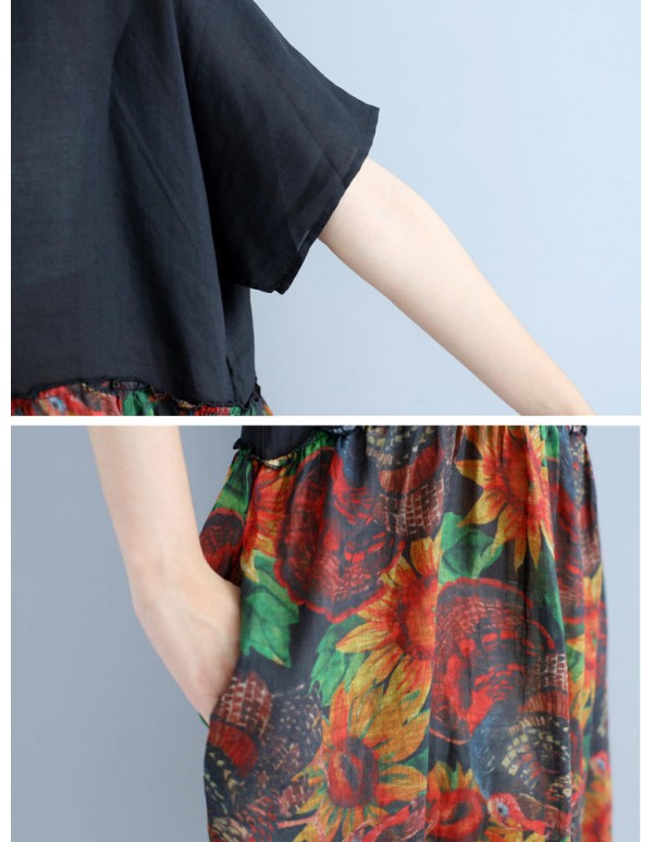 Large Size Women Floral Dress Batwing Sleeve Patchwork Dresses