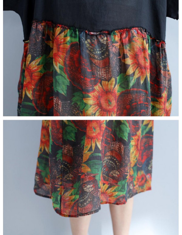 Large Size Women Floral Dress Batwing Sleeve Patchwork Dresses
