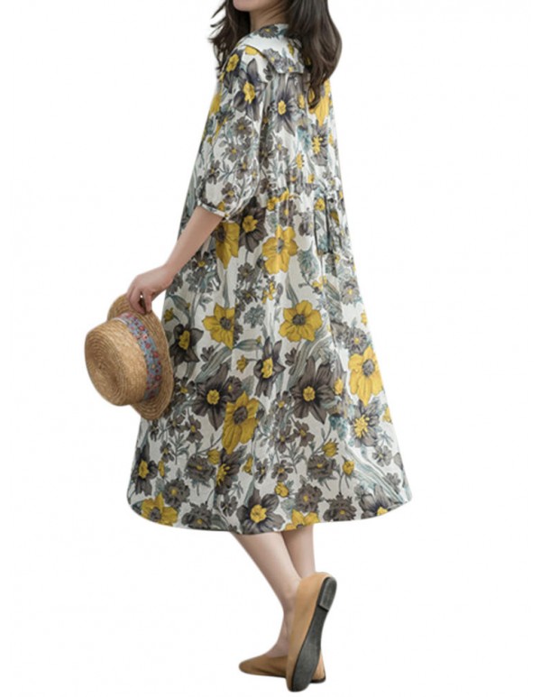 Women Loose Korean Style Puritanical Collar Half Sleeve Floral Dresses