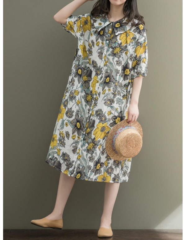 Women Loose Korean Style Puritanical Collar Half Sleeve Floral Dresses