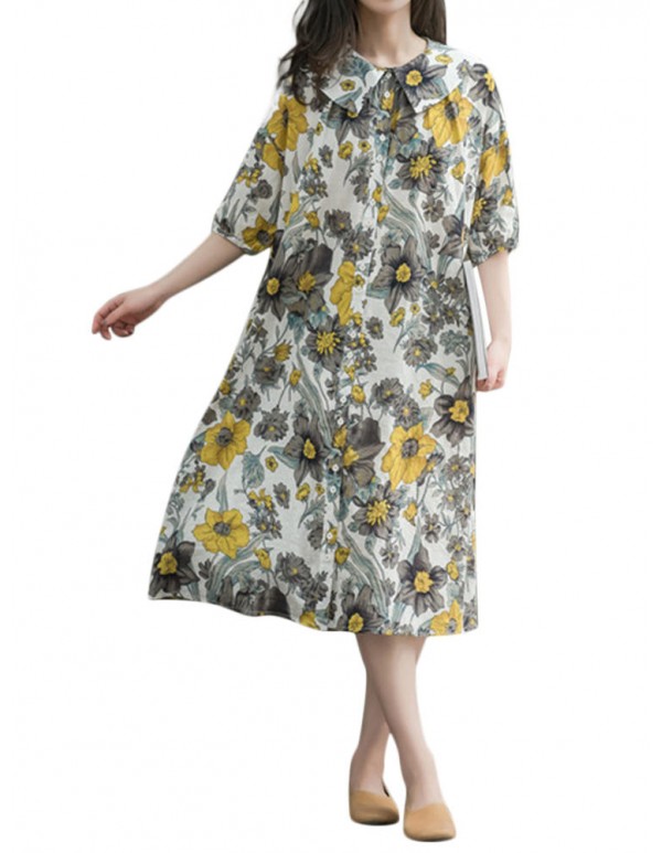Women Loose Korean Style Puritanical Collar Half Sleeve Floral Dresses