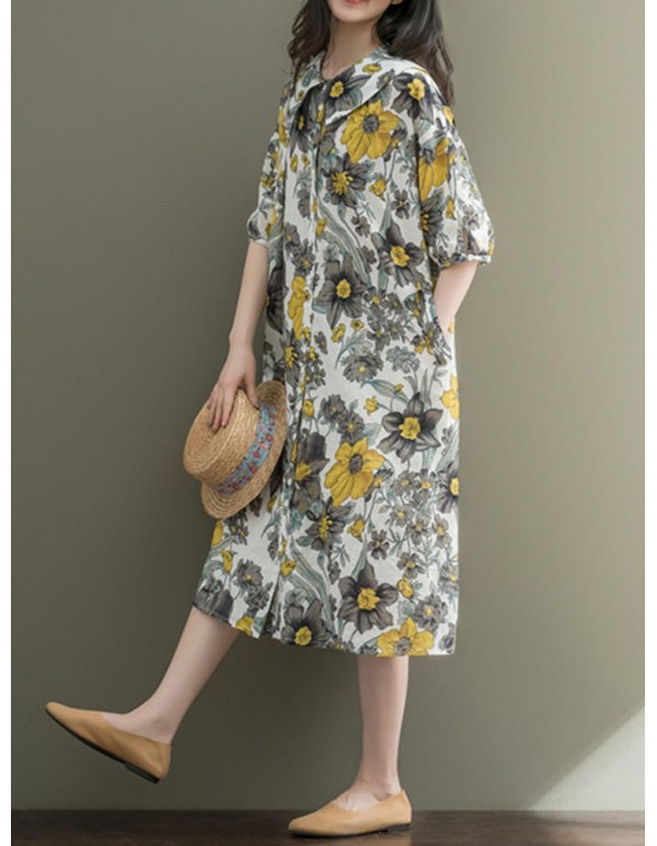 Women Loose Korean Style Puritanical Collar Half Sleeve Floral Dresses