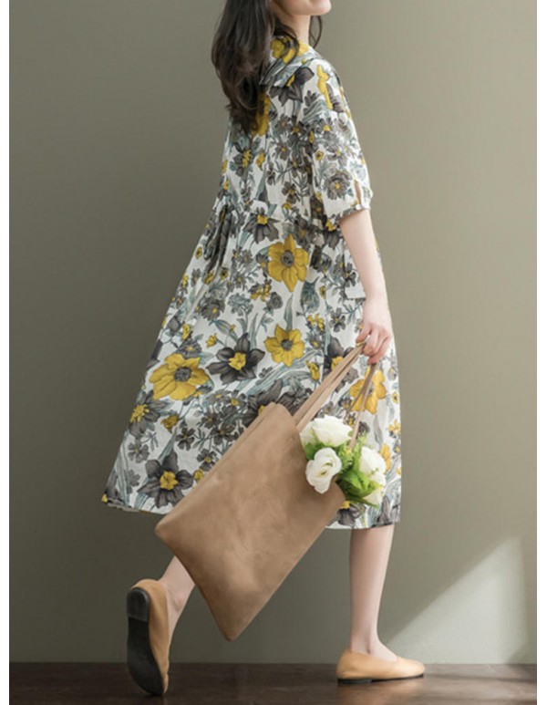 Women Loose Korean Style Puritanical Collar Half Sleeve Floral Dresses