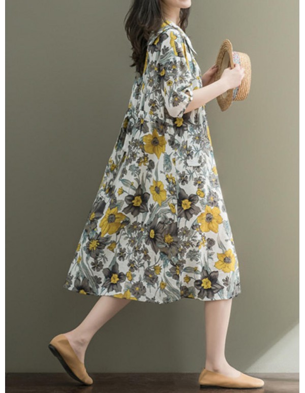 Women Loose Korean Style Puritanical Collar Half Sleeve Floral Dresses