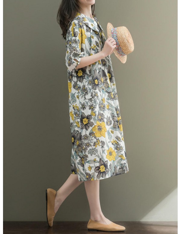 Women Loose Korean Style Puritanical Collar Half Sleeve Floral Dresses