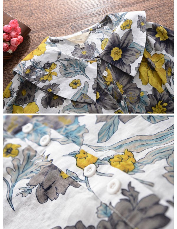 Women Loose Korean Style Puritanical Collar Half Sleeve Floral Dresses