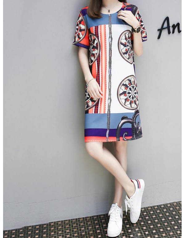 Elegant Women O-Neck Short Sleeve Printed Straight Dress