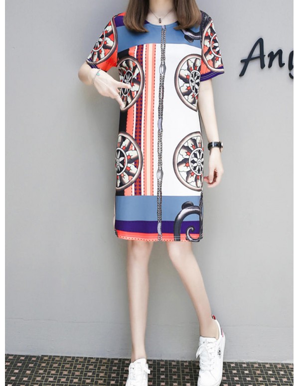 Elegant Women O-Neck Short Sleeve Printed Straight Dress