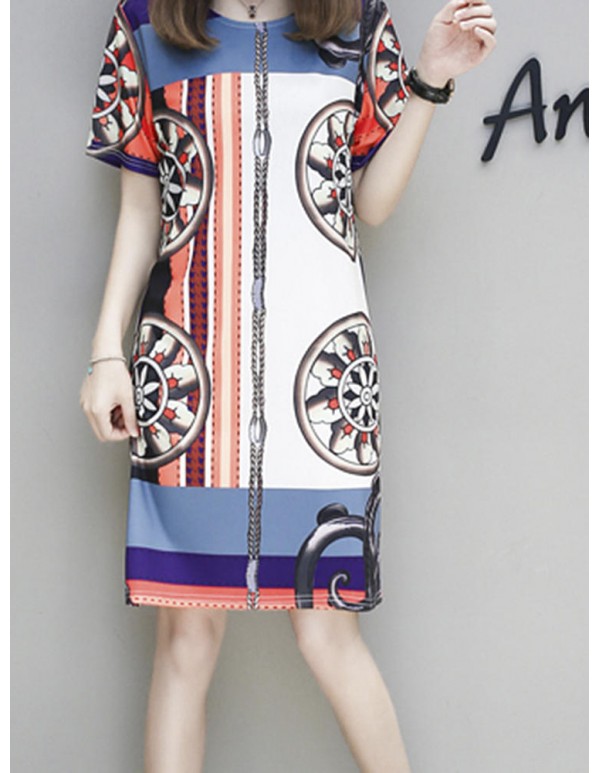 Elegant Women O-Neck Short Sleeve Printed Straight Dress