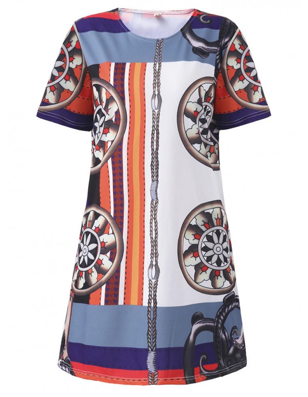 Elegant Women O-Neck Short Sleeve Printed Straight Dress