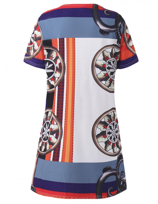 Elegant Women O-Neck Short Sleeve Printed Straight Dress