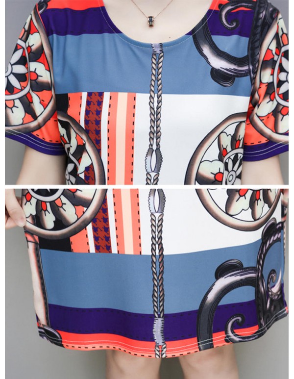 Elegant Women O-Neck Short Sleeve Printed Straight Dress