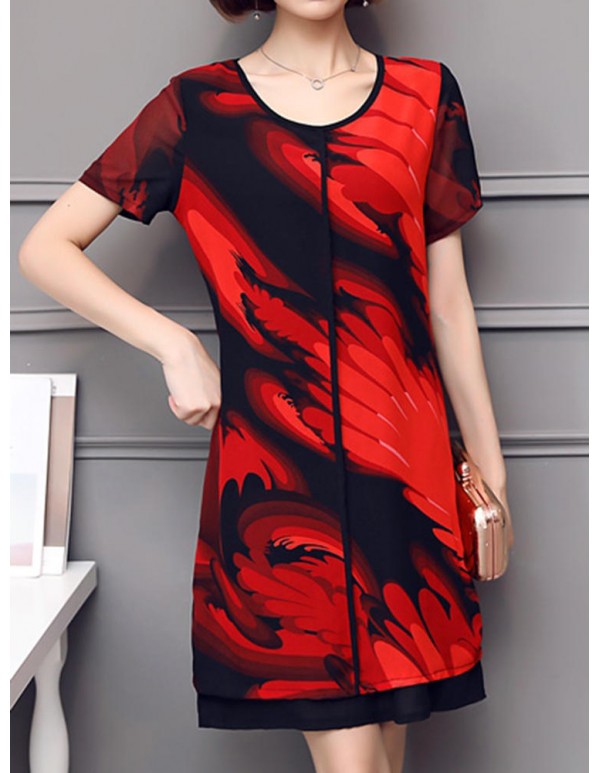 Elegant Women Chiffon Dress Patchwork Flowers Printing Two Layers Dresses