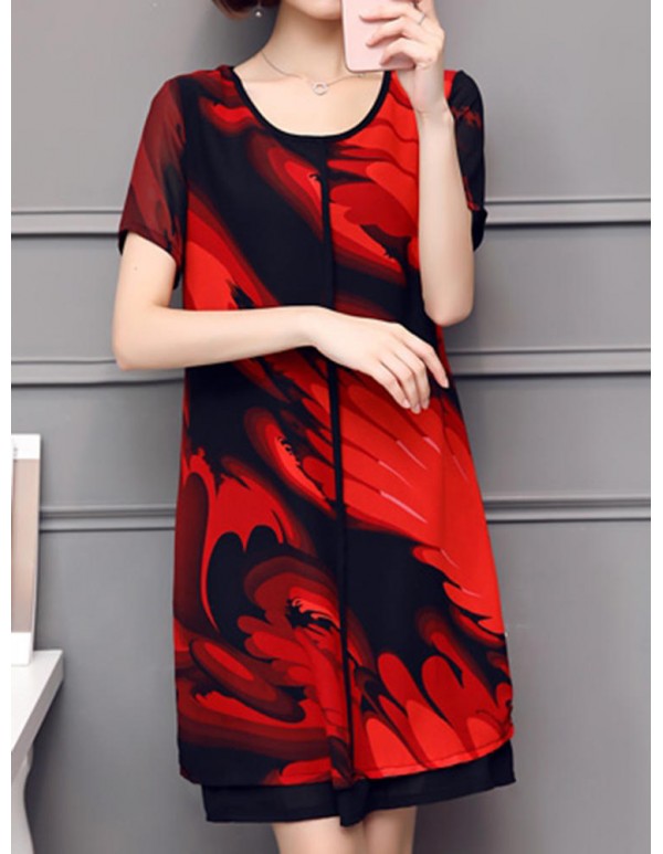 Elegant Women Chiffon Dress Patchwork Flowers Printing Two Layers Dresses