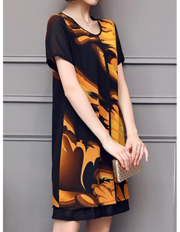 Elegant Women Chiffon Dress Patchwork Flowers Printing Two Layers Dresses