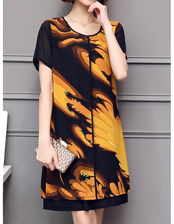Elegant Women Chiffon Dress Patchwork Flowers Printing Two Layers Dresses