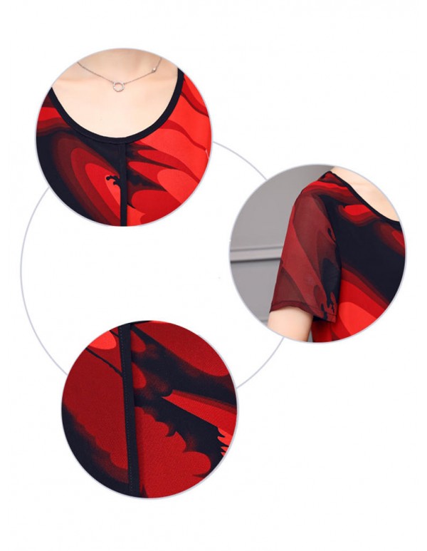 Elegant Women Chiffon Dress Patchwork Flowers Printing Two Layers Dresses