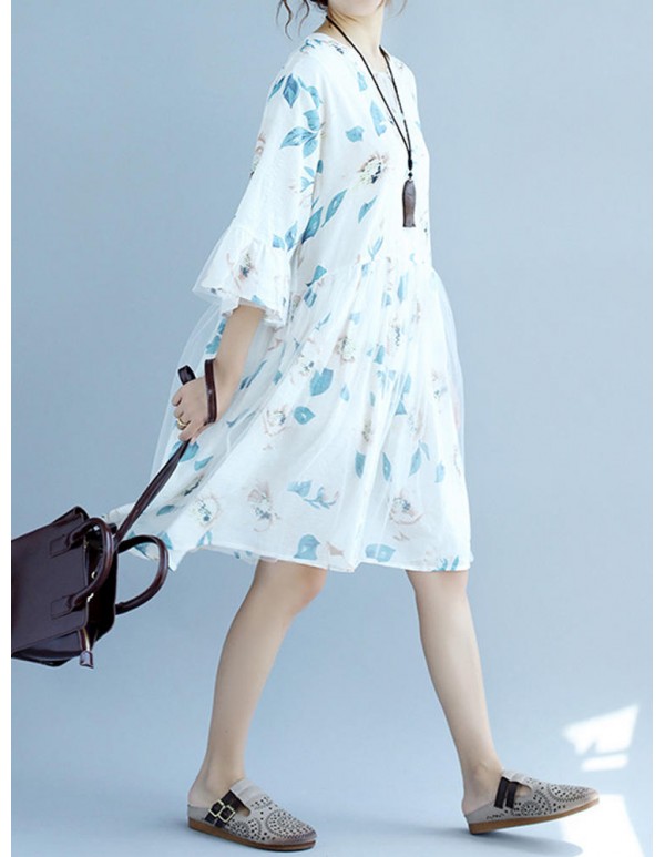 Women Mesh Tulle Dress Patchwork Half Sleeve Floral A-Line Dresses