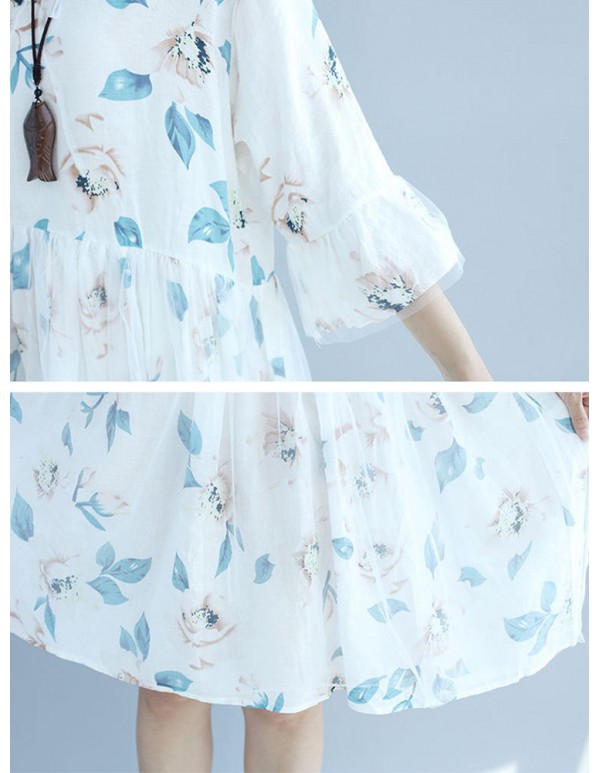 Women Mesh Tulle Dress Patchwork Half Sleeve Floral A-Line Dresses