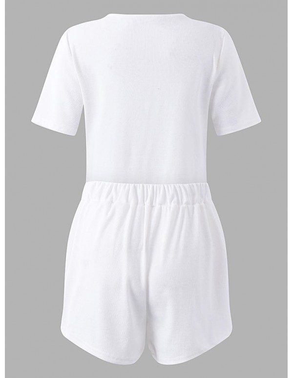 Sexy Women Deep V-Necklace-Up T-shirt Elastic Waist Shorts Set