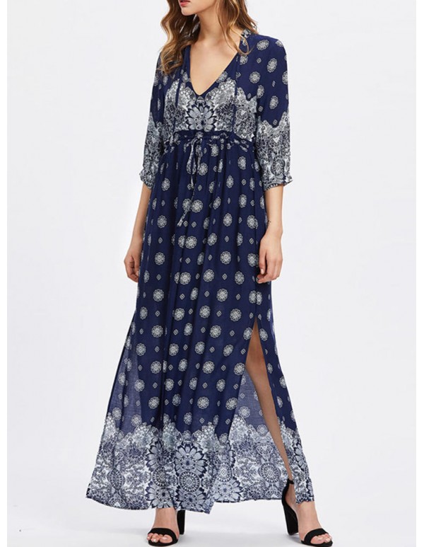 Plus Size Sexy Women V-neck Ornate Print Slit Side Half Sleeve Dresses