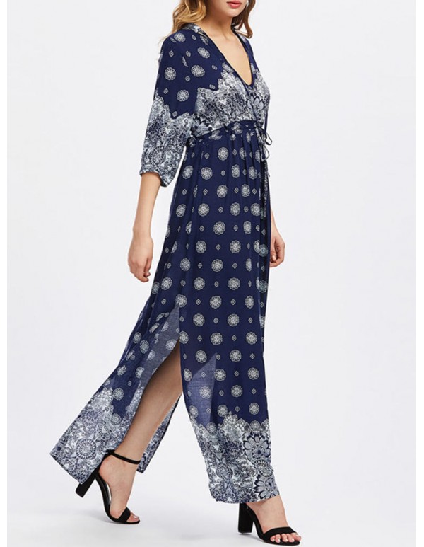 Plus Size Sexy Women V-neck Ornate Print Slit Side Half Sleeve Dresses