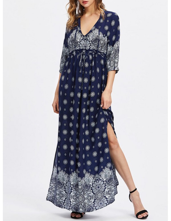 Plus Size Sexy Women V-neck Ornate Print Slit Side Half Sleeve Dresses