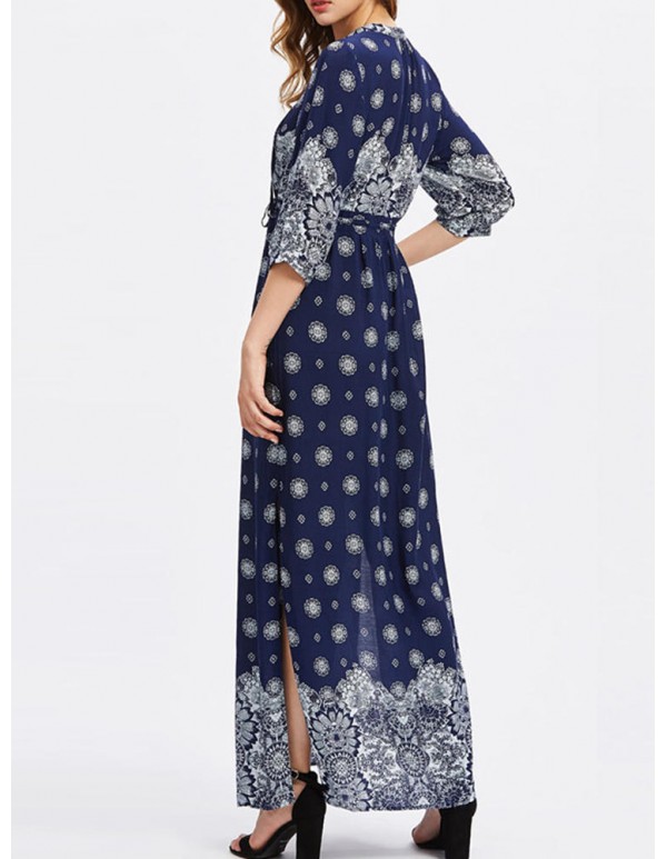 Plus Size Sexy Women V-neck Ornate Print Slit Side Half Sleeve Dresses